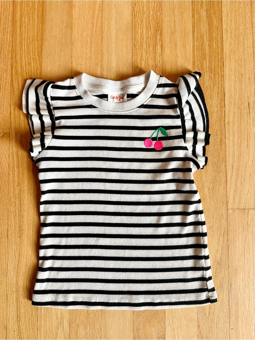 Cat & Jack Black & White Striped Flutter Sleeve Tee with Pink Cherry Accent Sz s
